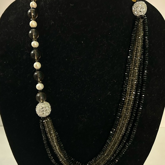 Multi strand Czeck crystals with smoky quartz, and large white freshwater pearls - Picture 2 of 5